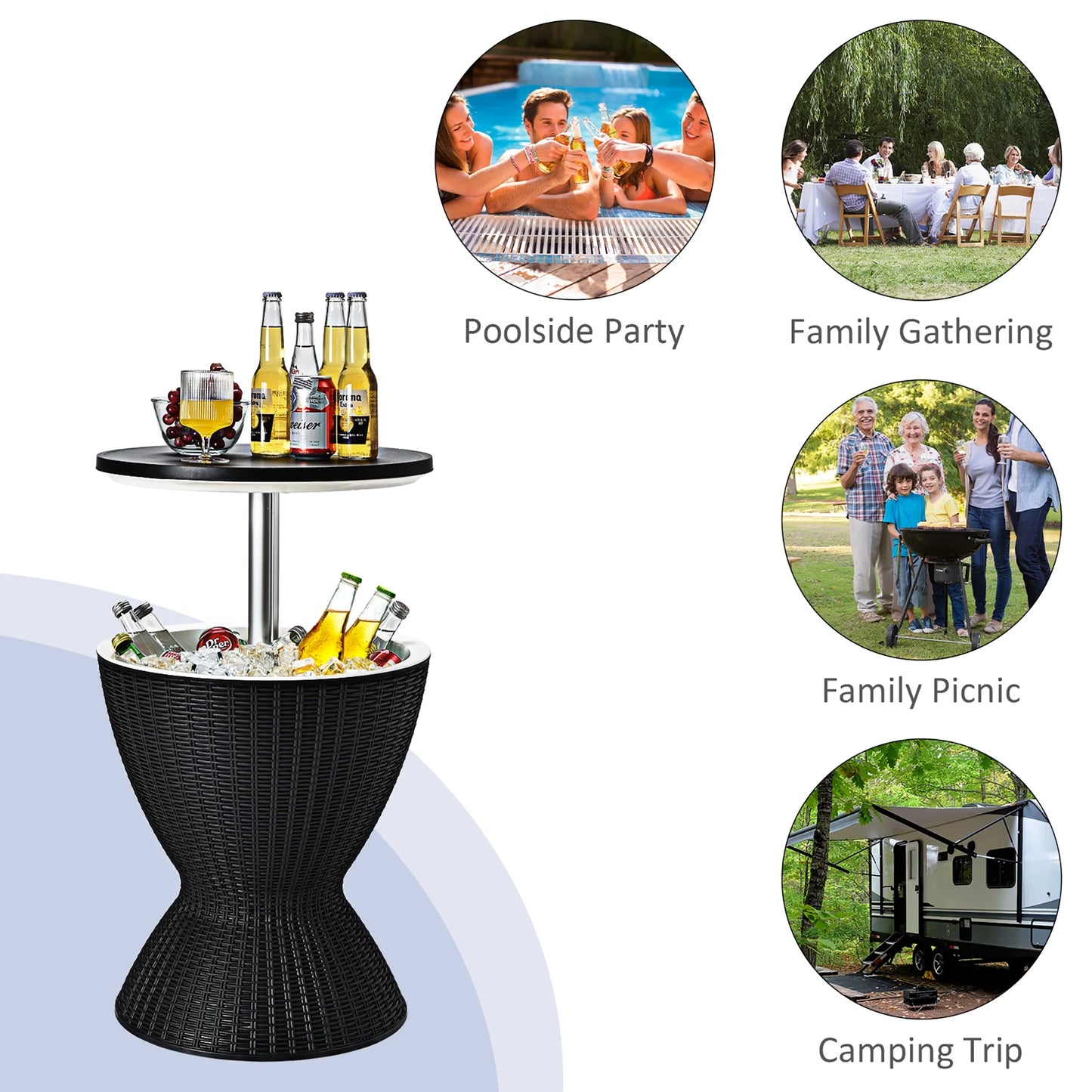 8 Gallon 3 in 1 Patio Rattan Cooler Bar Table Adjust Ice Bucket Black