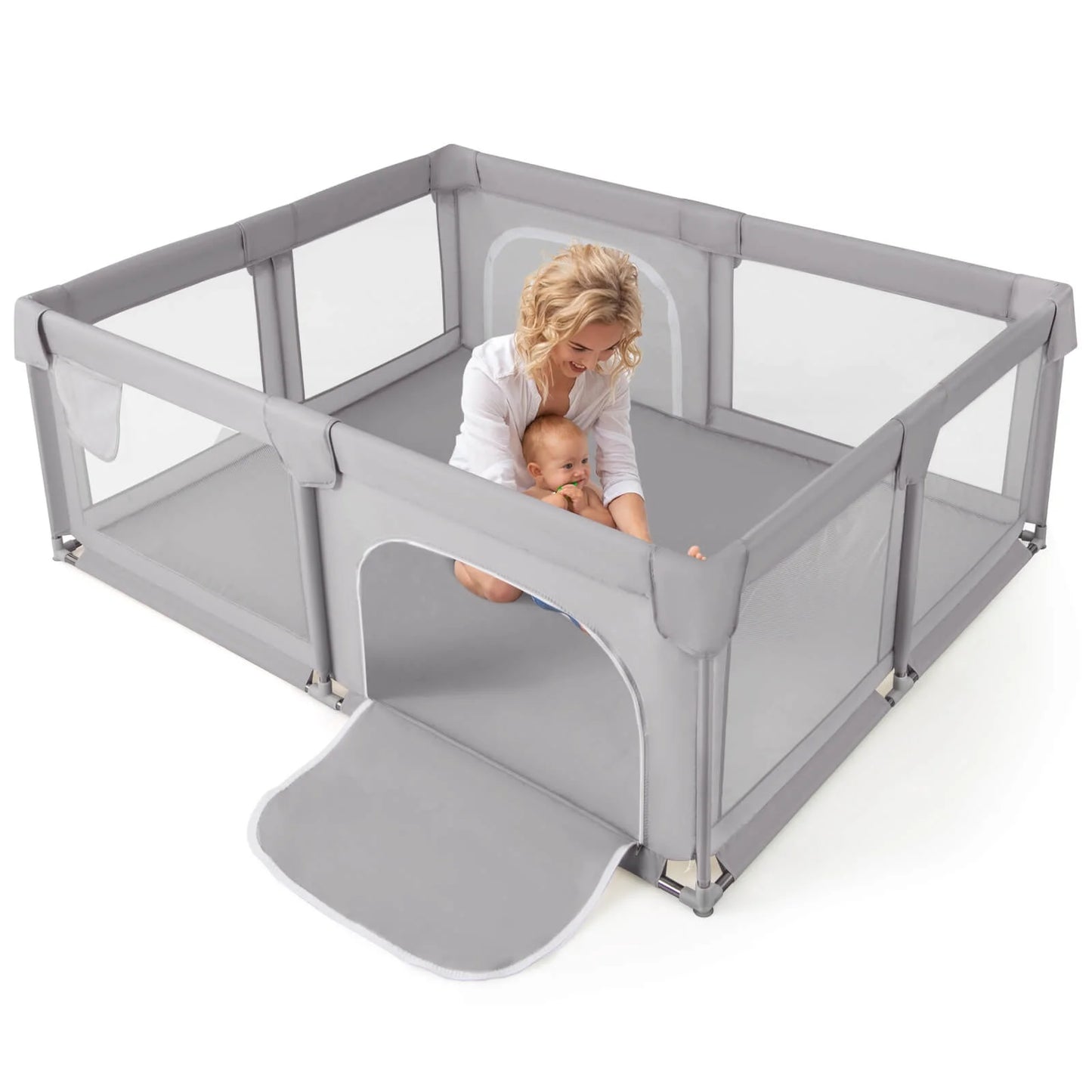 75" X 59" Large Baby Playpen with Breathable Mesh & Zipper Doors Play Yard Fence Gray