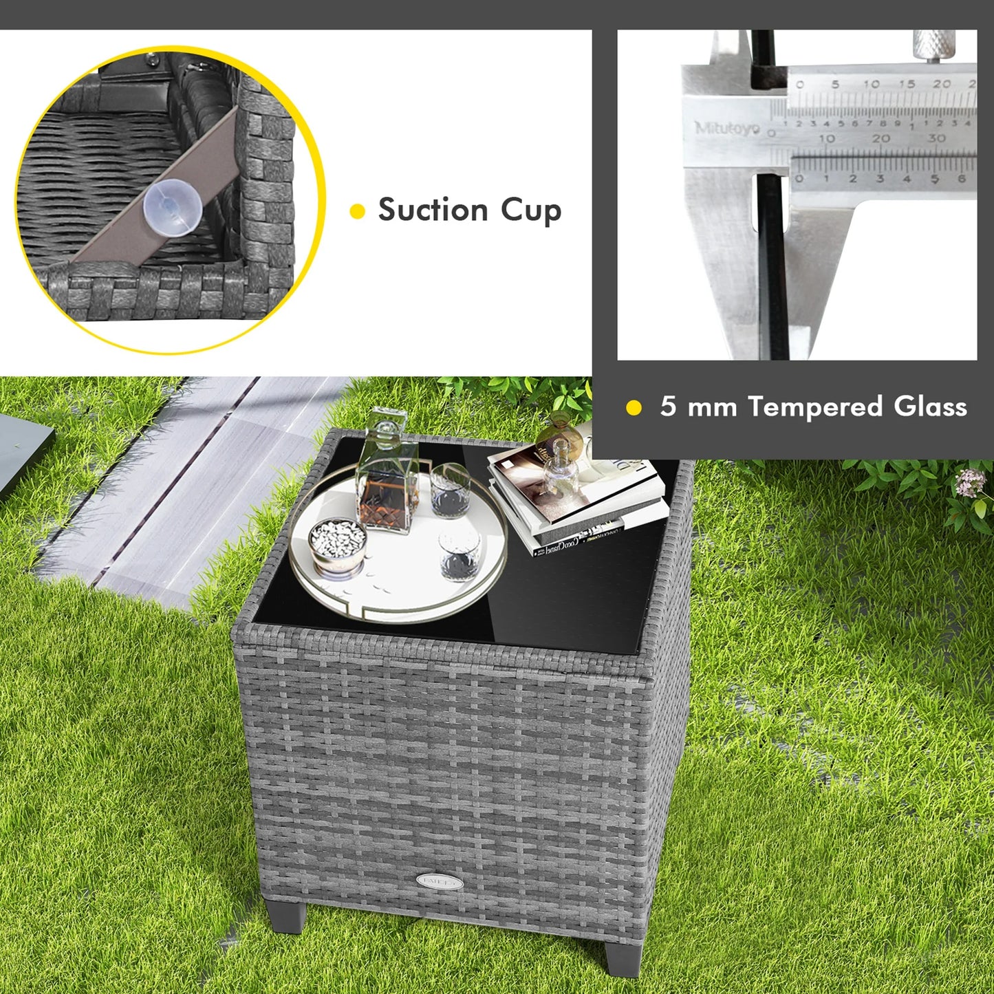3PCS Patio Rattan Furniture Bistro Set Cushioned Sofas Side Table Armrest Navy