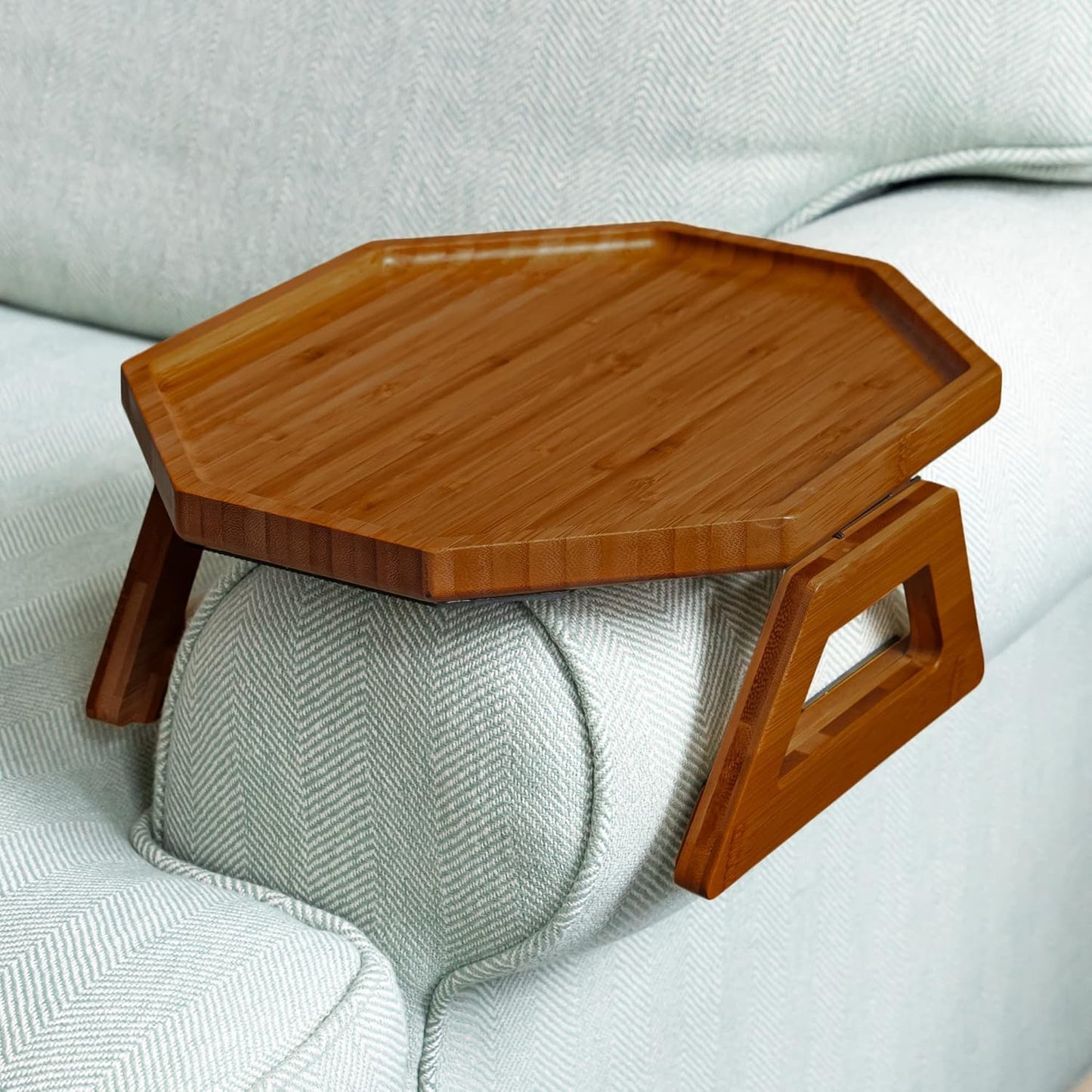 Bamboo Trayble Couch Arm Table, Clip on Tray Sofa Table for Couches. Sofa Arm Tray, Armchair Table for TV Dinners, Remotes, Drinks and Snacks - 13.75 X 9.5Inch, Brown
