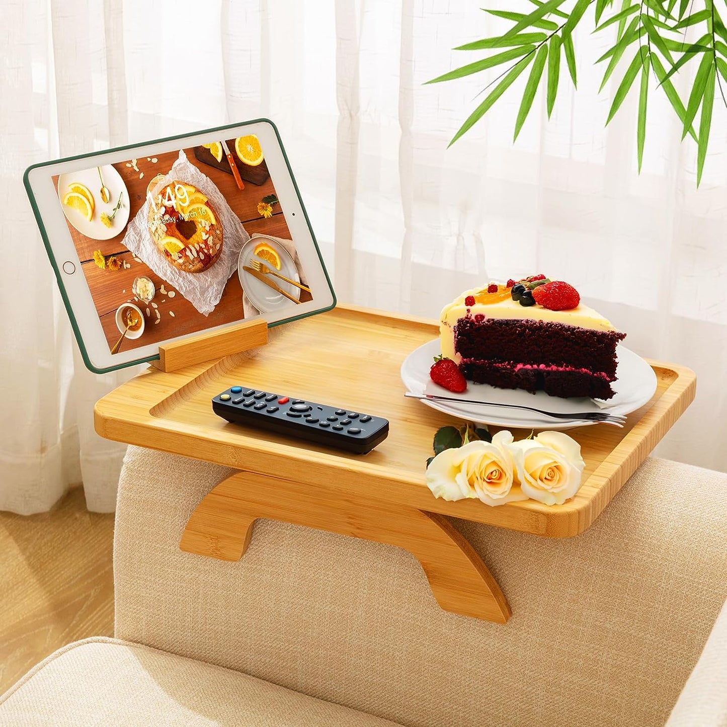 Couch Arm Table, Bamboo Sofa Clip on Tray Tables,Sofa Armrest Tray with 360° Phone Holder,Couch Armrest Table for Eating and Drinking