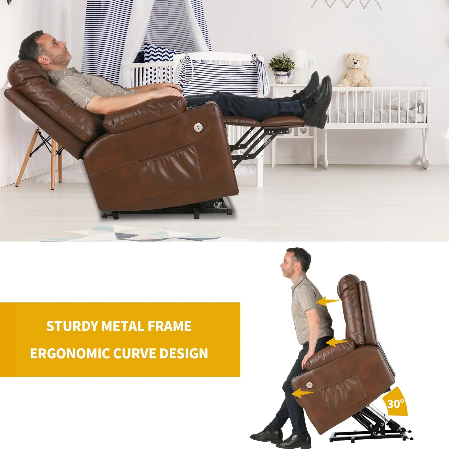 Power Lift Recliner Chair Heated PU Leather with Massage, Brown