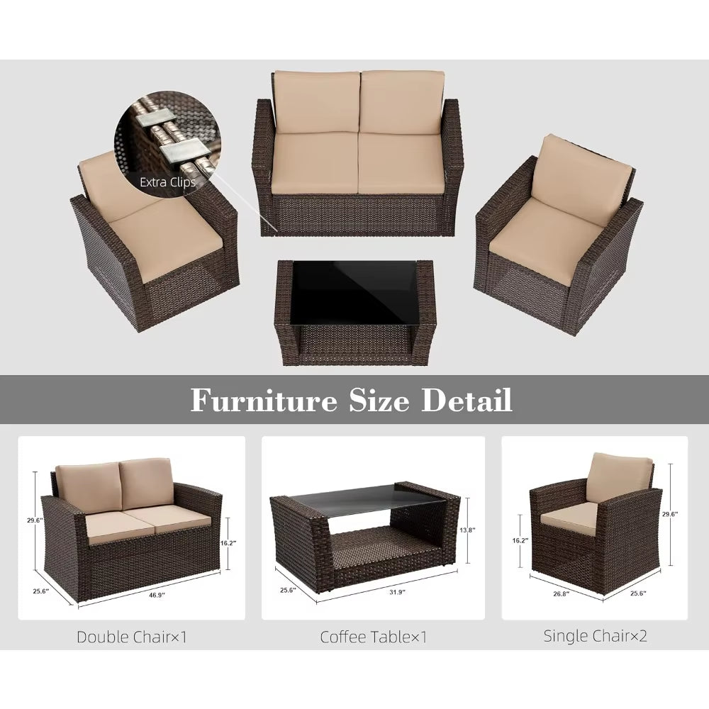 4 Piece Outdoor Patio Conversation Sets, Wicker Patio Furniture with Rattan Glass Table,Cushioned Patio Furniture Set for Garden