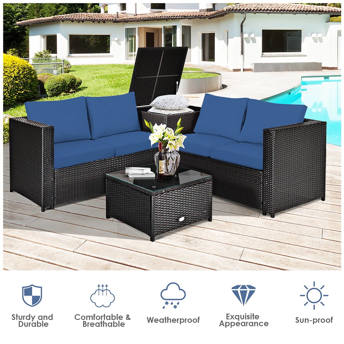4PCS Patio Rattan Furniture Set Cushioned Loveseat Storage Table Navy