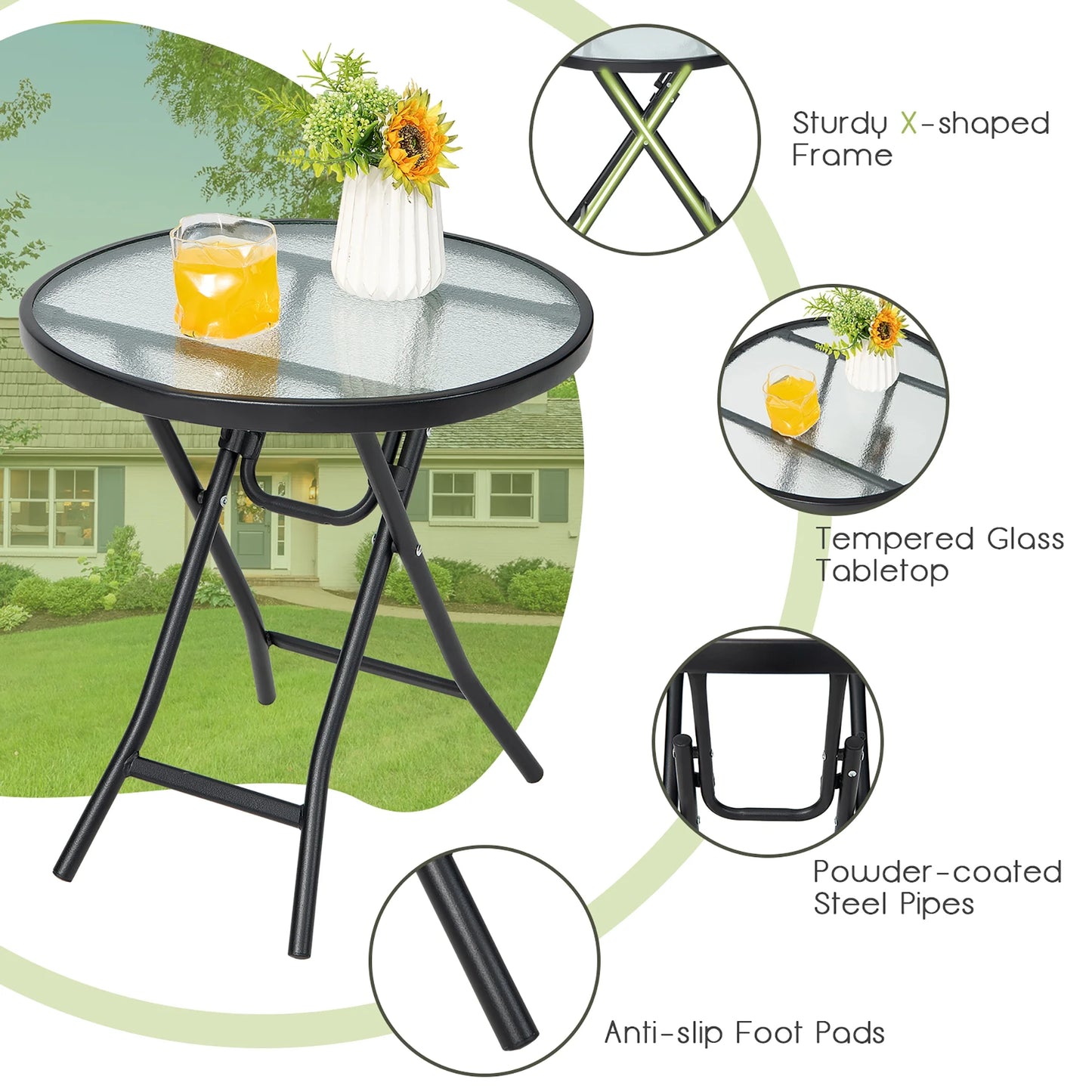 Patio Folding round Glass Side Table Bistro Coffee Table Plant Stand