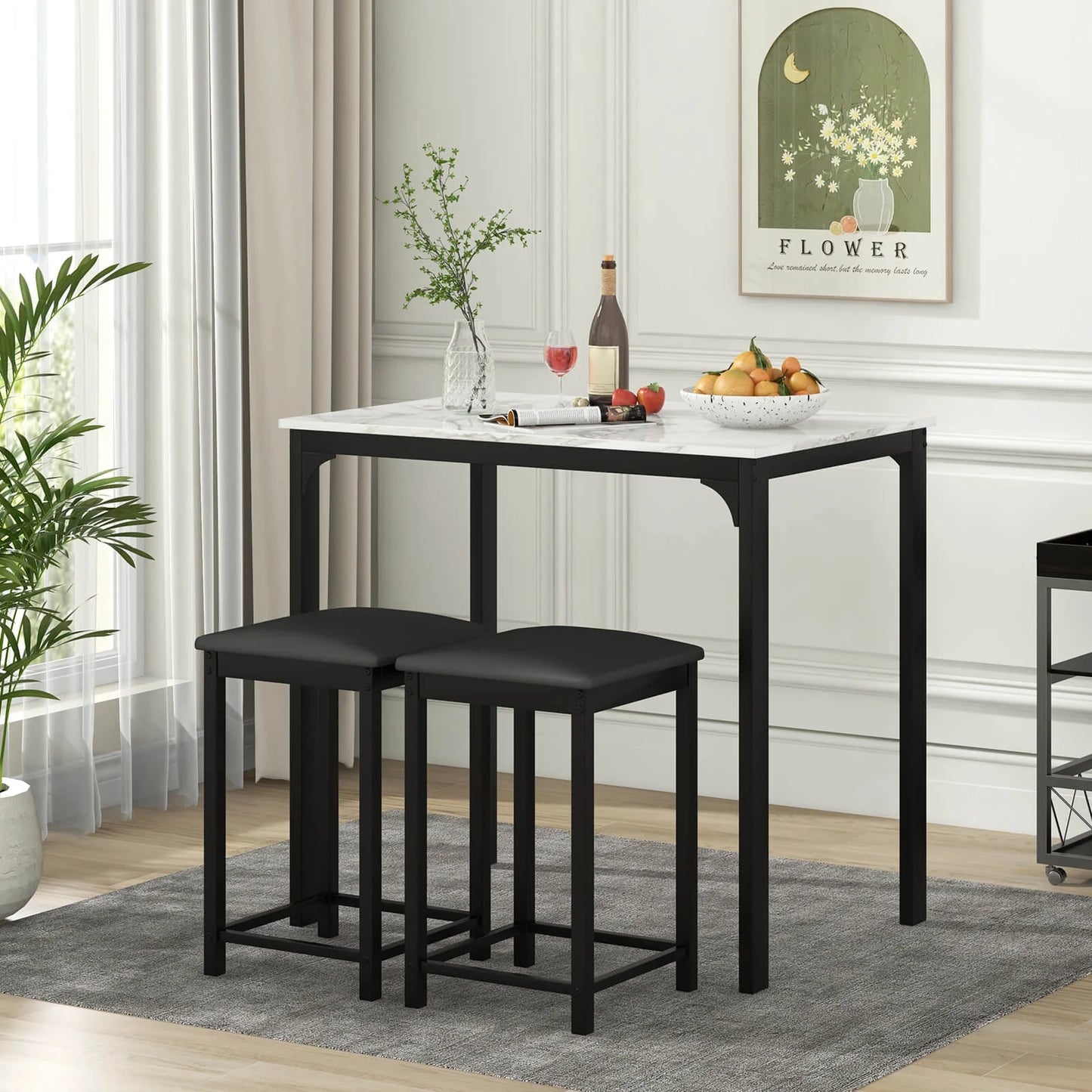 3 Piece Counter Height Dining Set Faux Marble Table and 2 Chairs Kitchen Bar