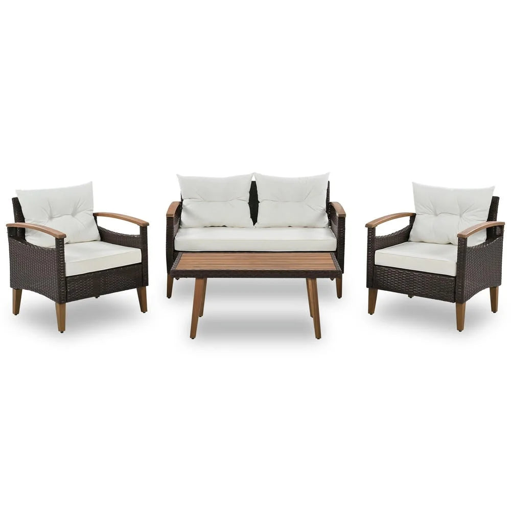 4-Piece Patio Seating Set, Patio Furniture Set, Patio Furniture Set, Wicker Garden Furniture with Wood Table and Legs, PE Rattan Outdoor Sofa Set for Balcony, Beige