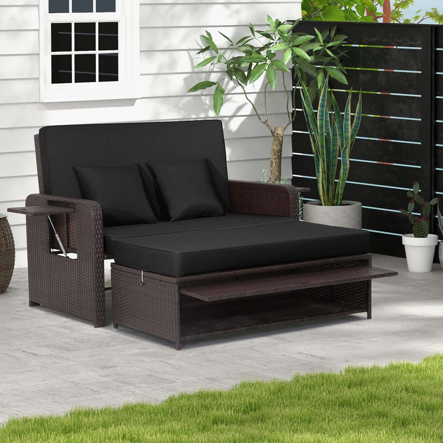 Patio Rattan Loveseat Set Daybed Lounge Storage Ottoman Side Tables Adjust Gray