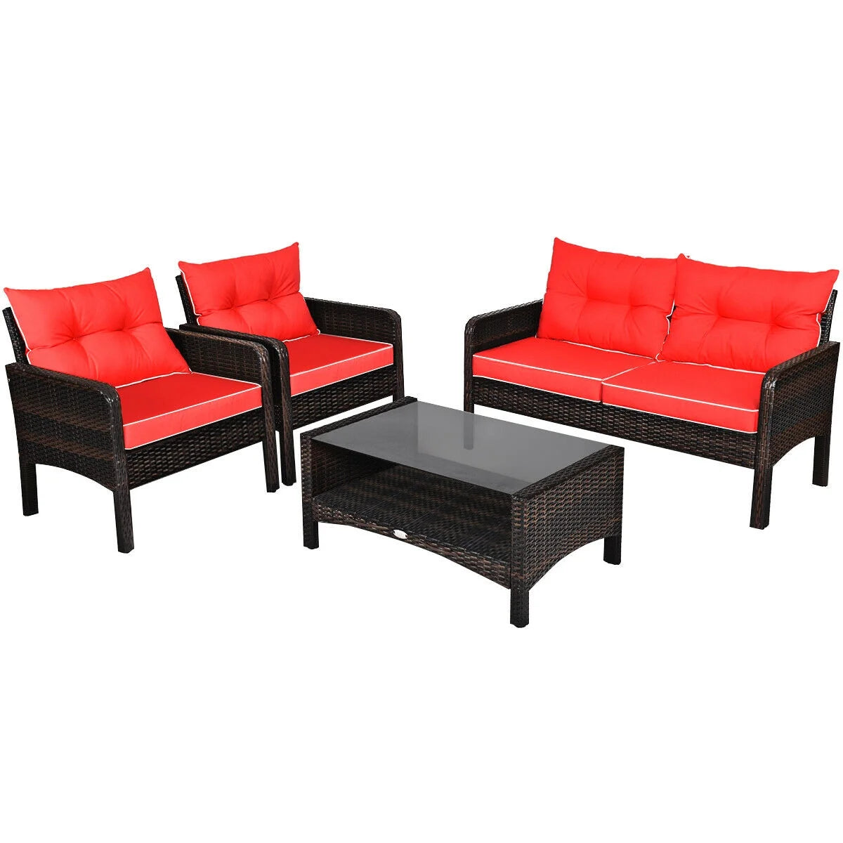 4PCS Patio Rattan Furniture Set Loveseat Sofa Coffee Table Garden W/Red Cushion