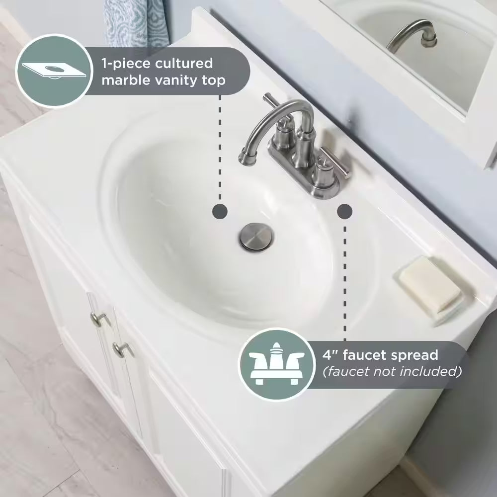 31 In. Single Sink White Bath Vanity with White Cultured Marble Top (Assembled)