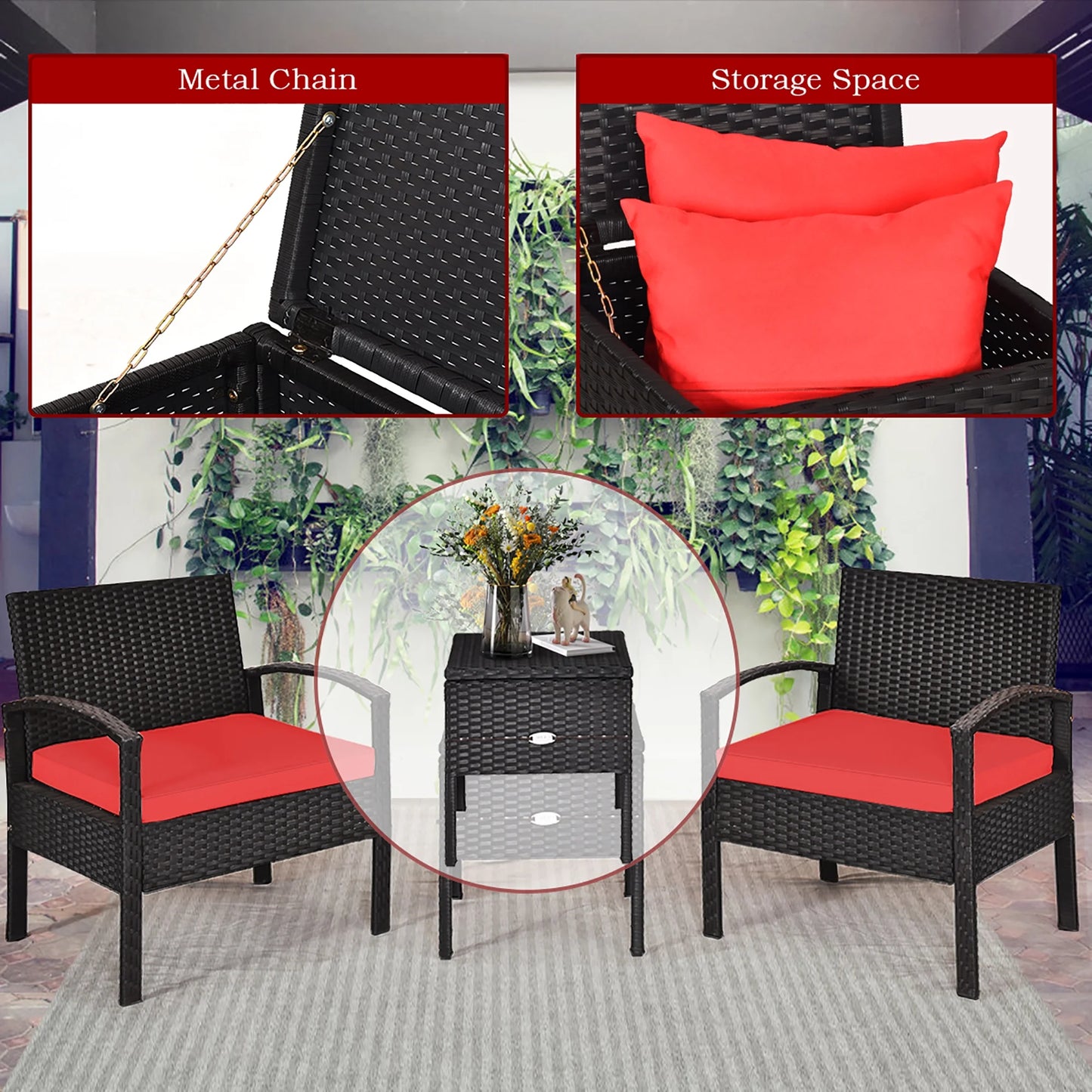 3PCS Patio Rattan Furniture Set Storage Table Cushioned Sofa Deck Red