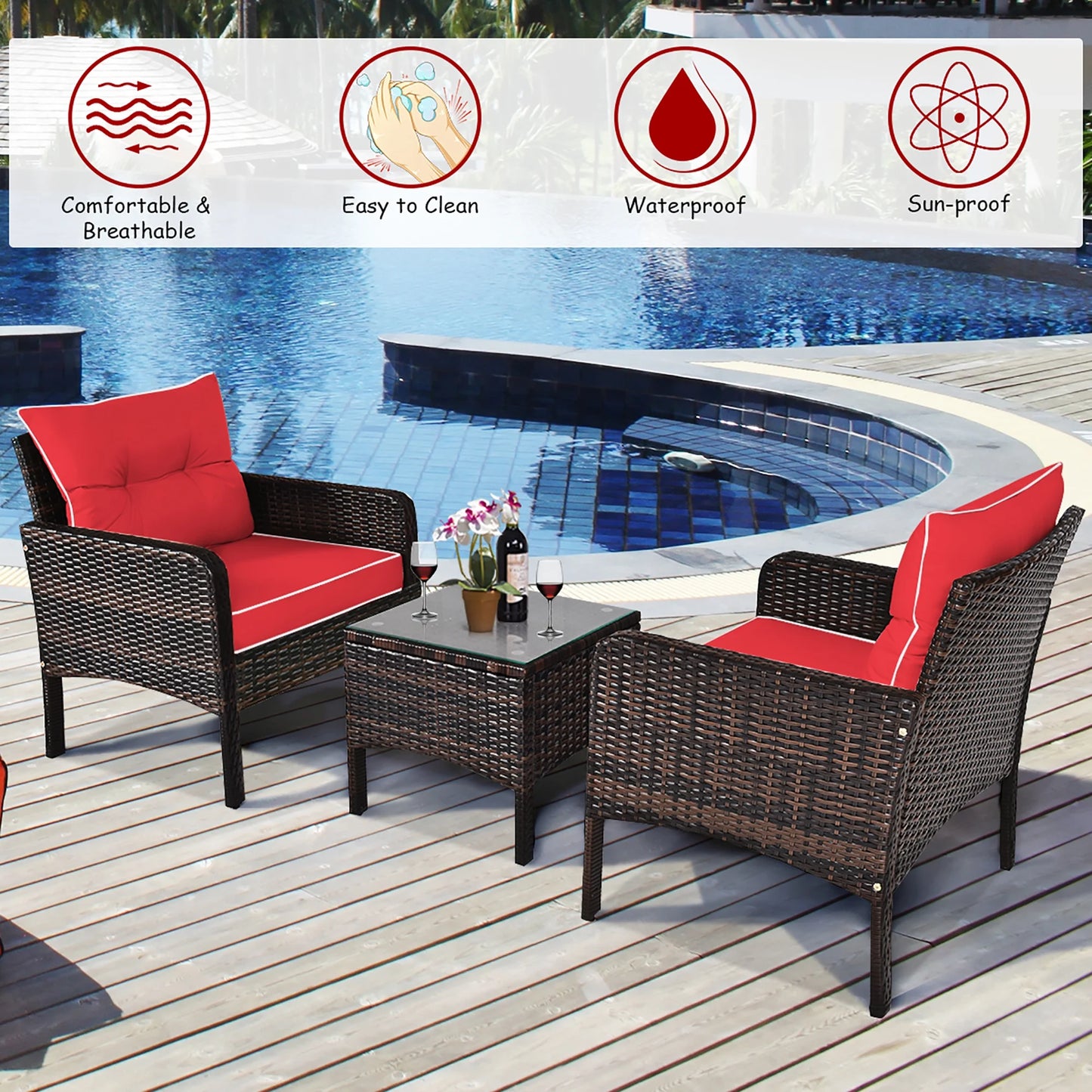 3PCS Outdoor Rattan Conversation Set Patio Furniture Cushioned Sofa Chair Red