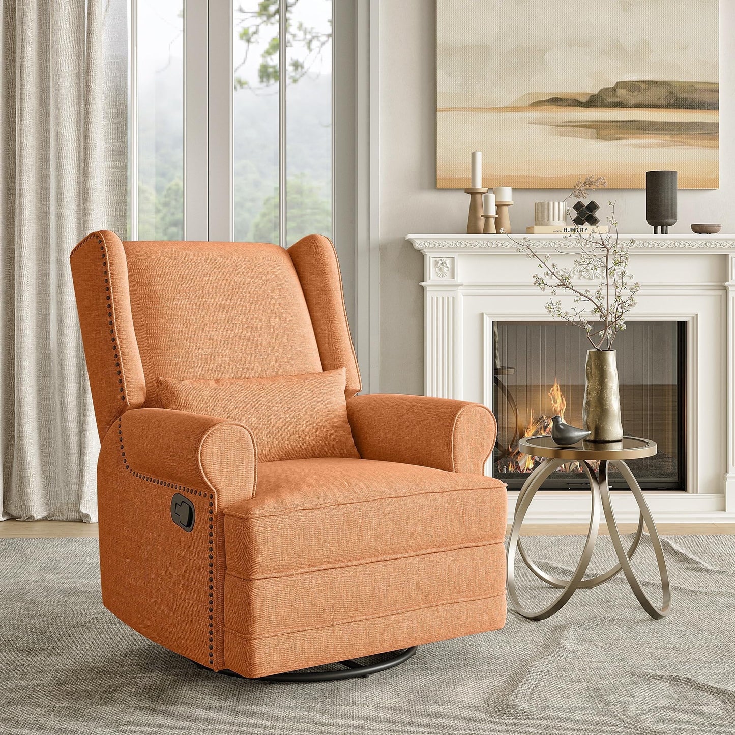 Swivel Nursery Glider Recliner, Comfy Upholstered Glider Chair with Lumbar Pillow and Footrest, Swivel Rocking Chair for Living Room, Grey