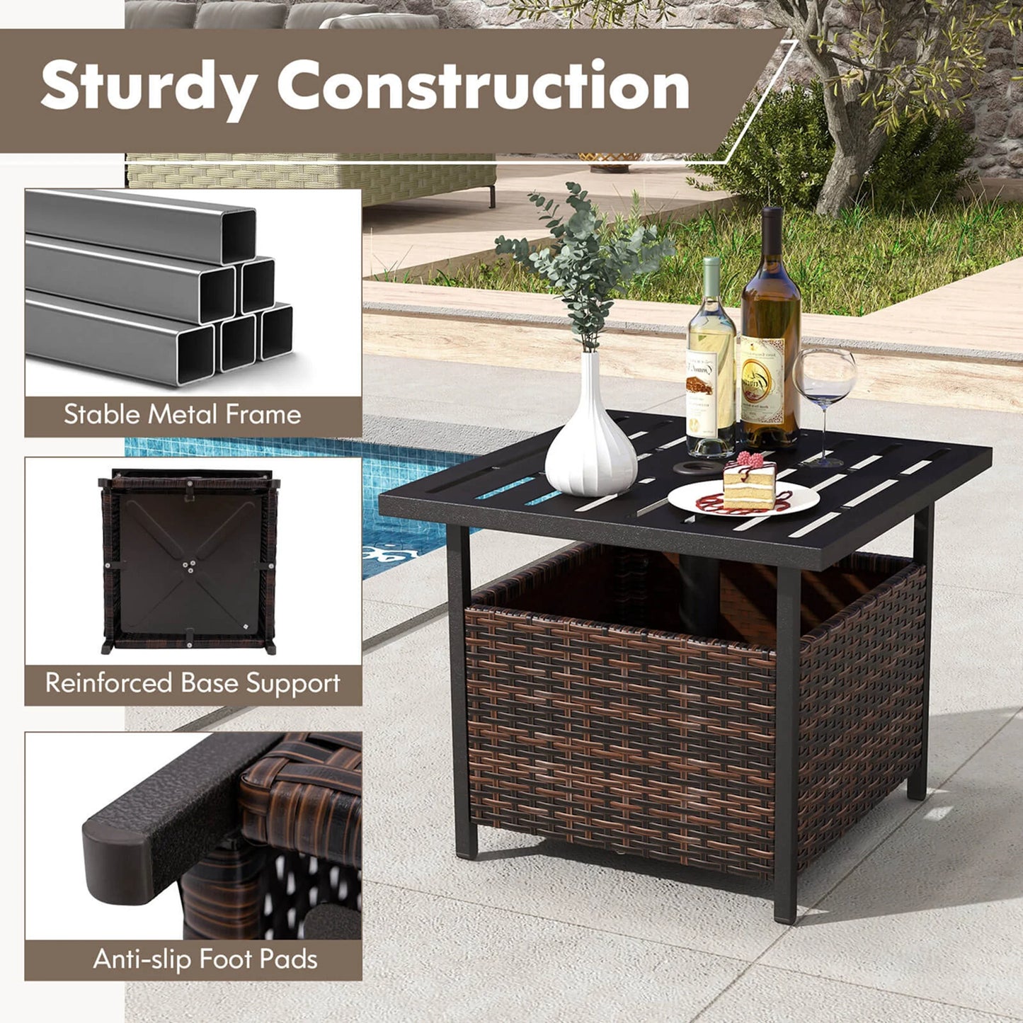 Rattan Wicker Steel Side Table Outdoor Furniture Deck Garden Patio Pool Brown