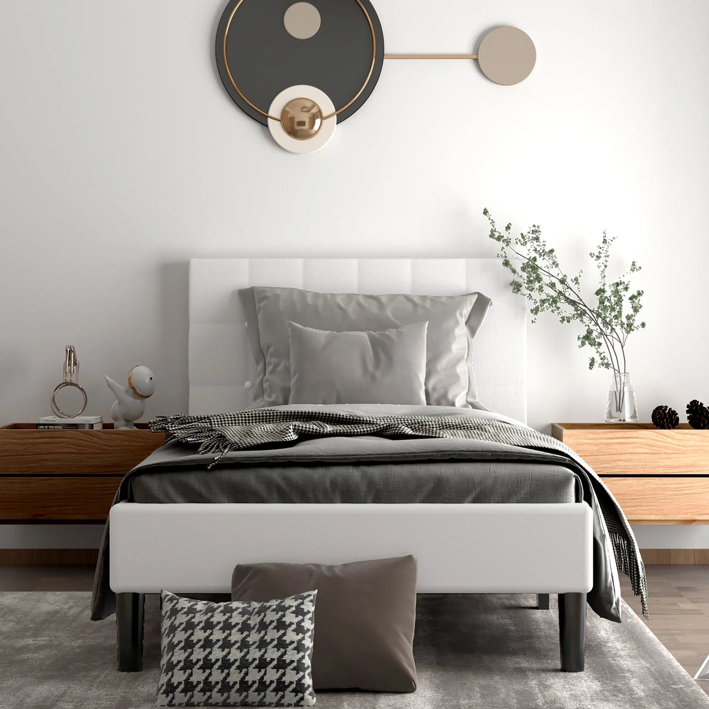 Twin Upholstered Bed Frame Button Tufted Headboard Mattress Foundation Beige