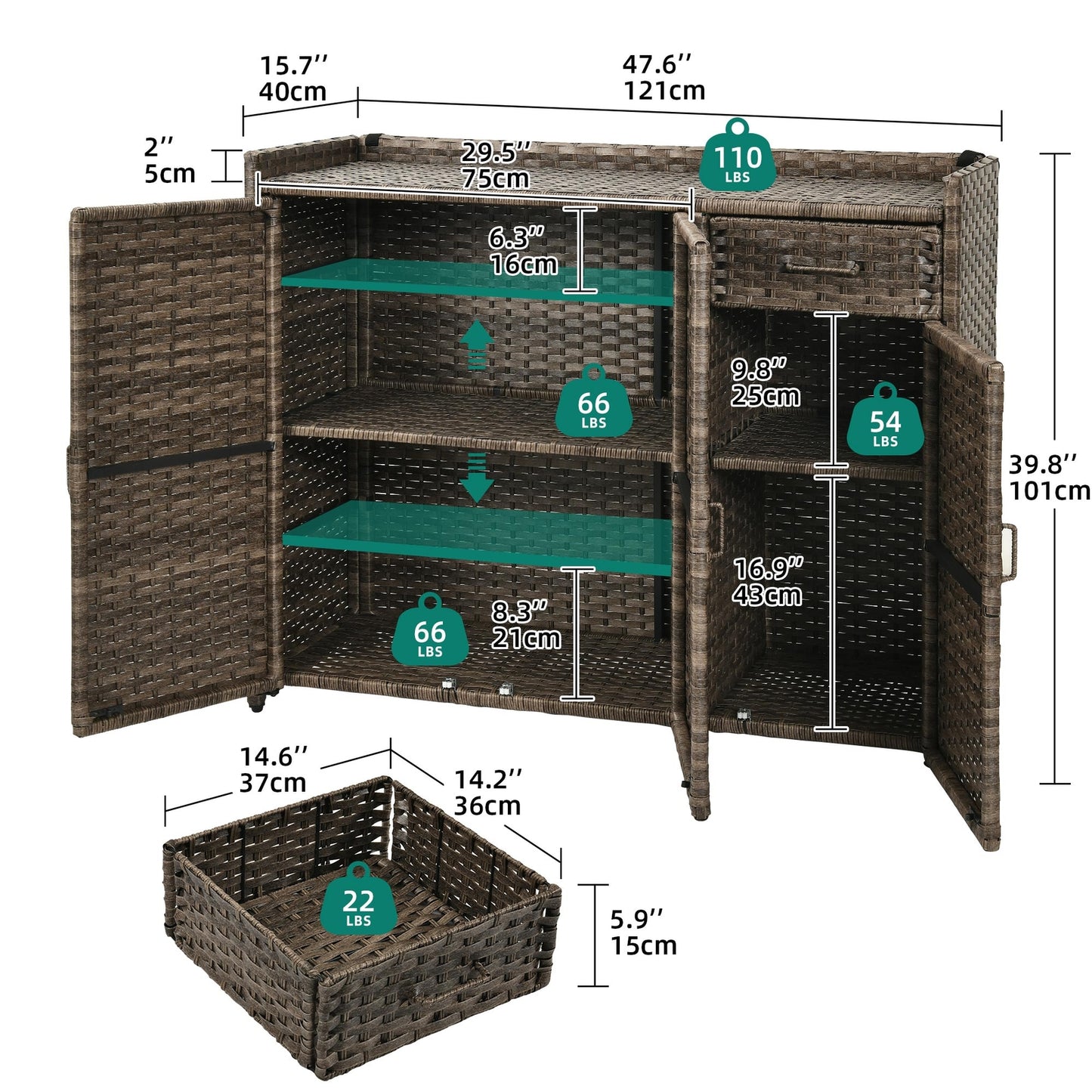 Outdoor Storage Cabinet Patio Wicker Bar Counter Table 2 Doors Backyard Patio