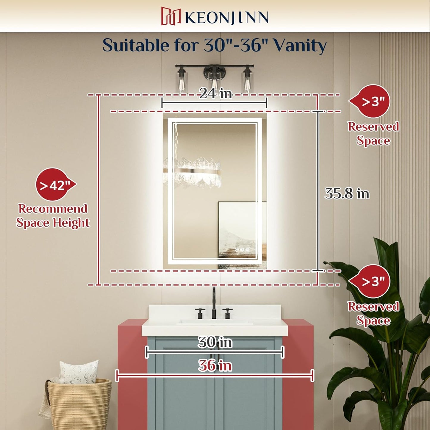 LED Mirror for Bathroom, 36 X 24 Inch, Wall Mounted, Dimmable, Anti-Fog, IP54 Waterproof, 3 Year Warranty