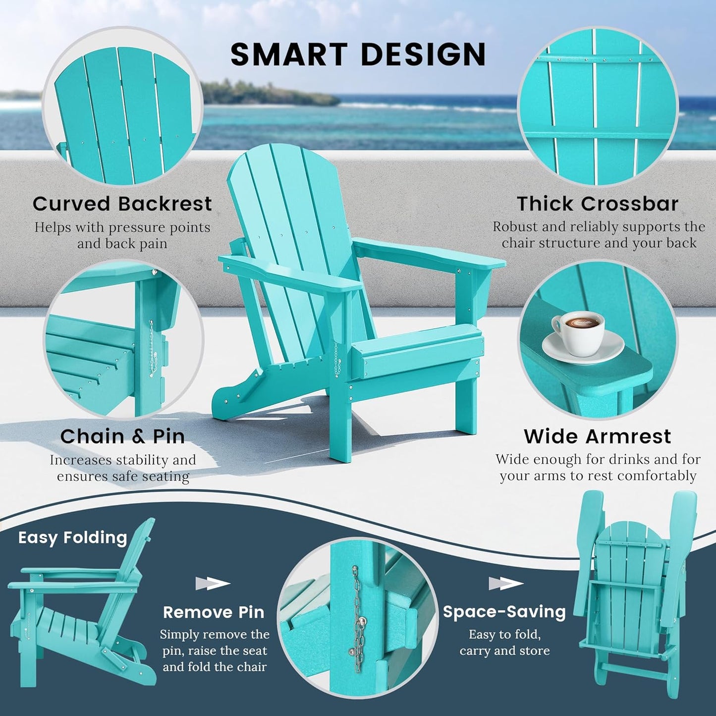 Westin Outdoors Laguna WO Home Furniture Adirondack Chair 2 PCS Set Outdoor Folding Patio Chair for Bon Fire Pit Garden Lawn Backyard Lounging Relaxing (Turquoise)