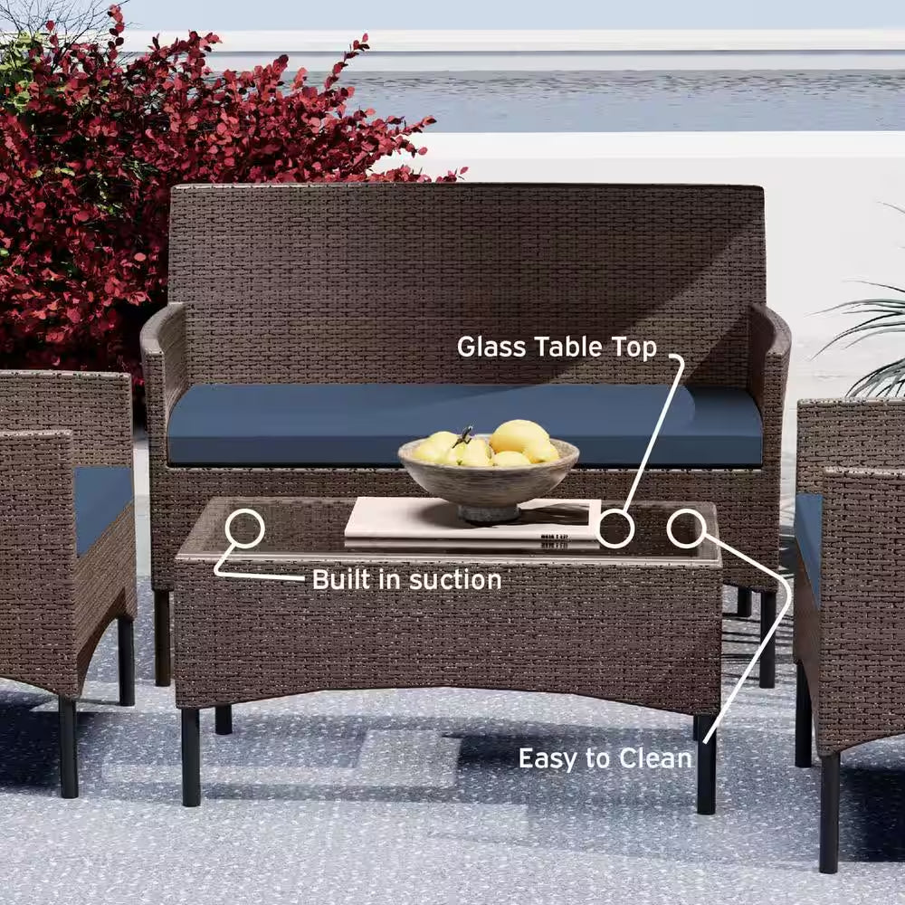 4-Piece Brown Patio Outdoor Furniture Wicker Conversation Set with Blue Cushions, 1-Loveseat, 2-Chairs and Coffee Table