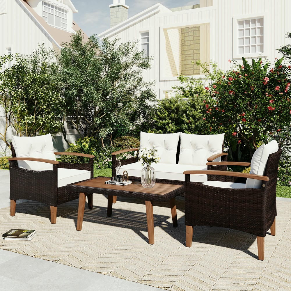 4-Piece Patio Seating Set, Patio Furniture Set, Patio Furniture Set, Wicker Garden Furniture with Wood Table and Legs, PE Rattan Outdoor Sofa Set for Balcony, Beige