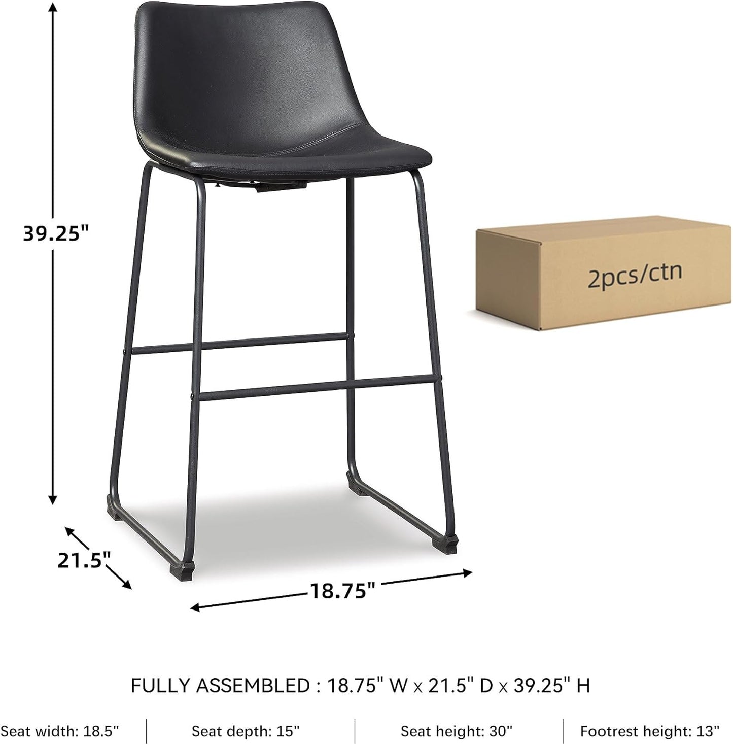 Centiar Modern Faux Leather Pub Height Bucket Seat Barstool, 30" Seat Height, Set of 2, Black
