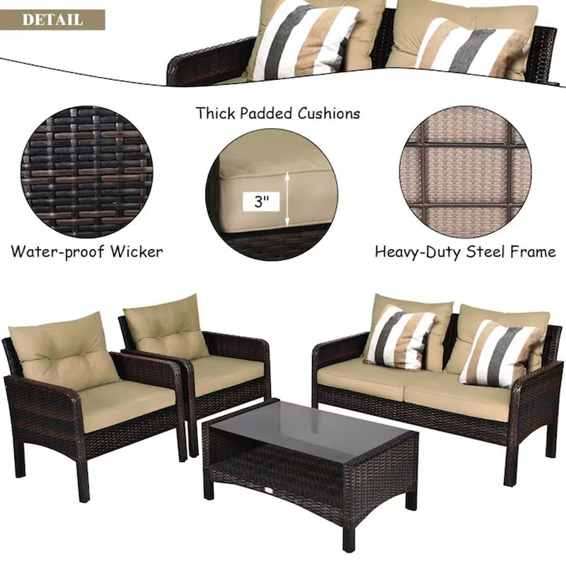 Rattan Outdoor Sofa with Brown Cushions and Steel Frame
