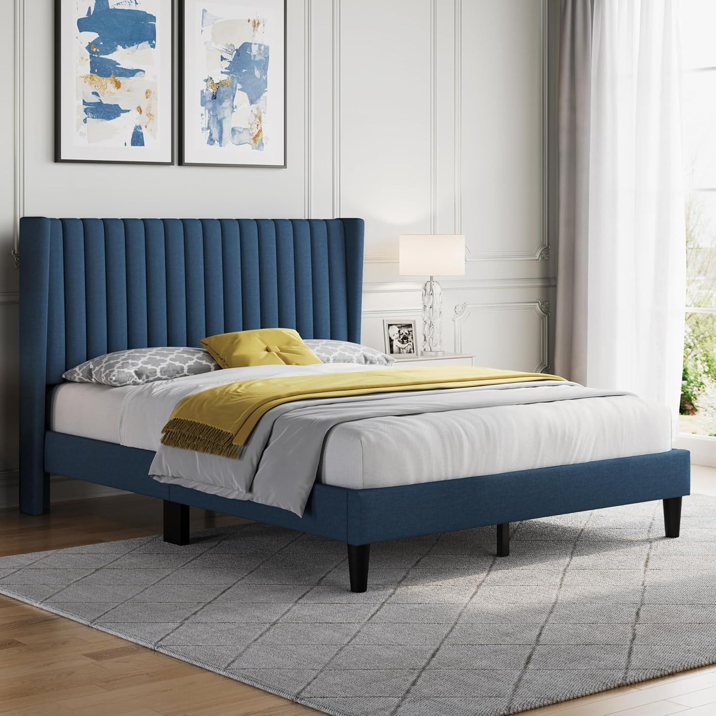 Queen Bed Frame Upholstered Platform Bed with Fabric Headboard, Wing Edge Design/Non-Slip and Noise-Free/Wooden Slats Support/No Box Spring Needed/Easy Assembly, Navy Blue Queen Bed