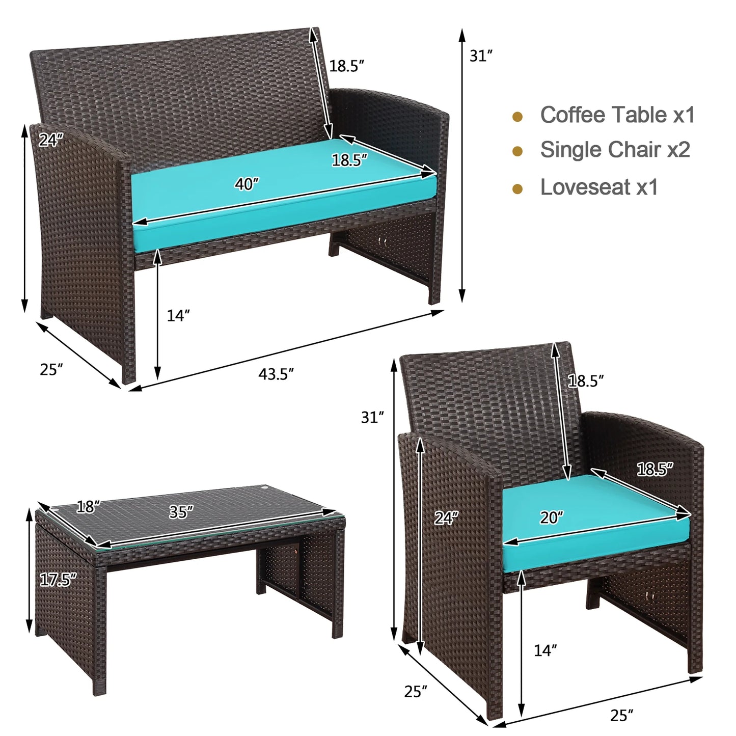 4PCS Patio Rattan Furniture Set Cushioned Chair Sofa Coffee Table Turquoise