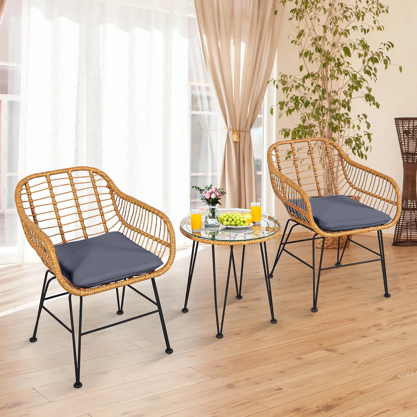 3PCS Patio Rattan Bistro Furniture Set Cushioned Chair Table Grey