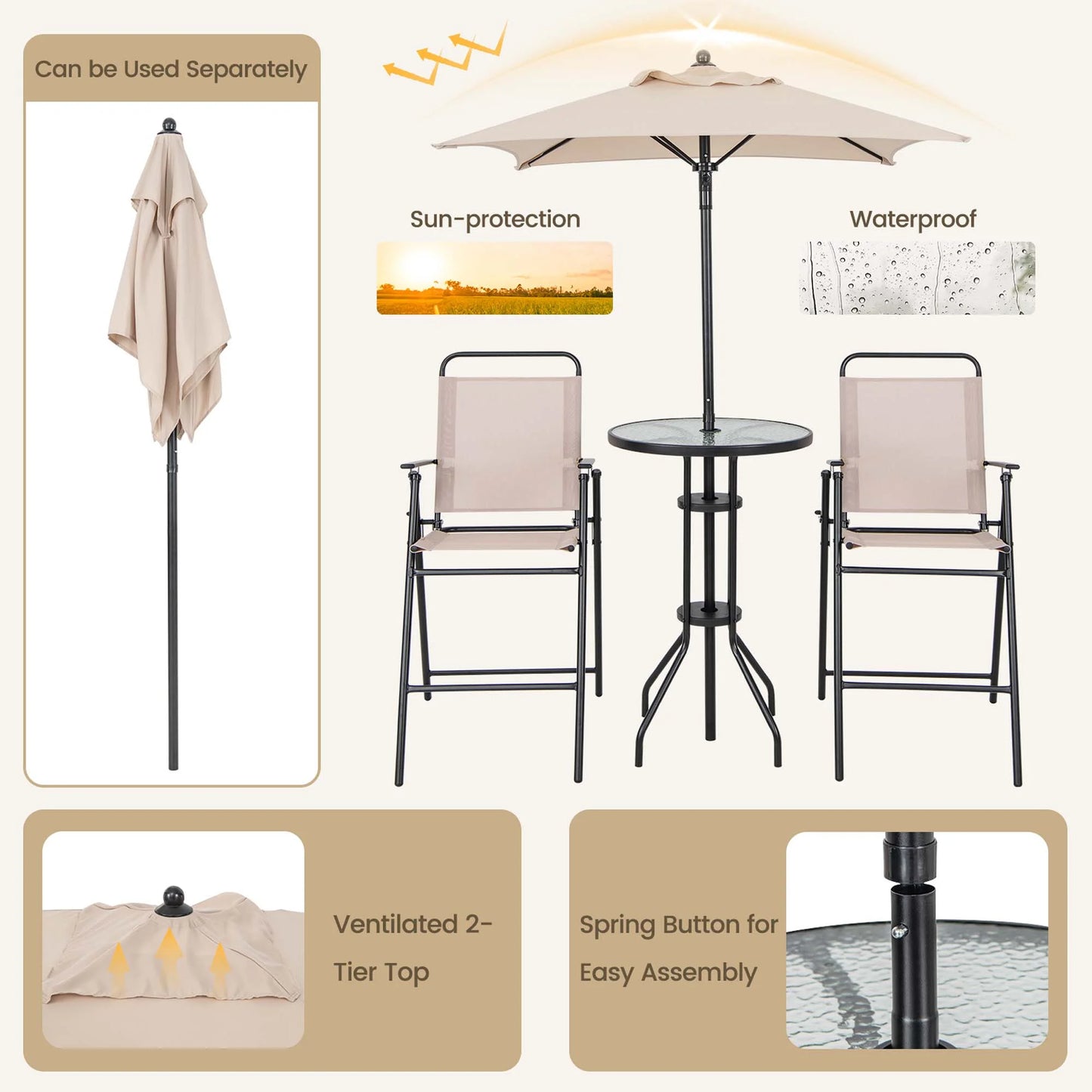 4PCS Patio Bistro Set Folding Counter Height Chairs round Bar Table& Umbrella