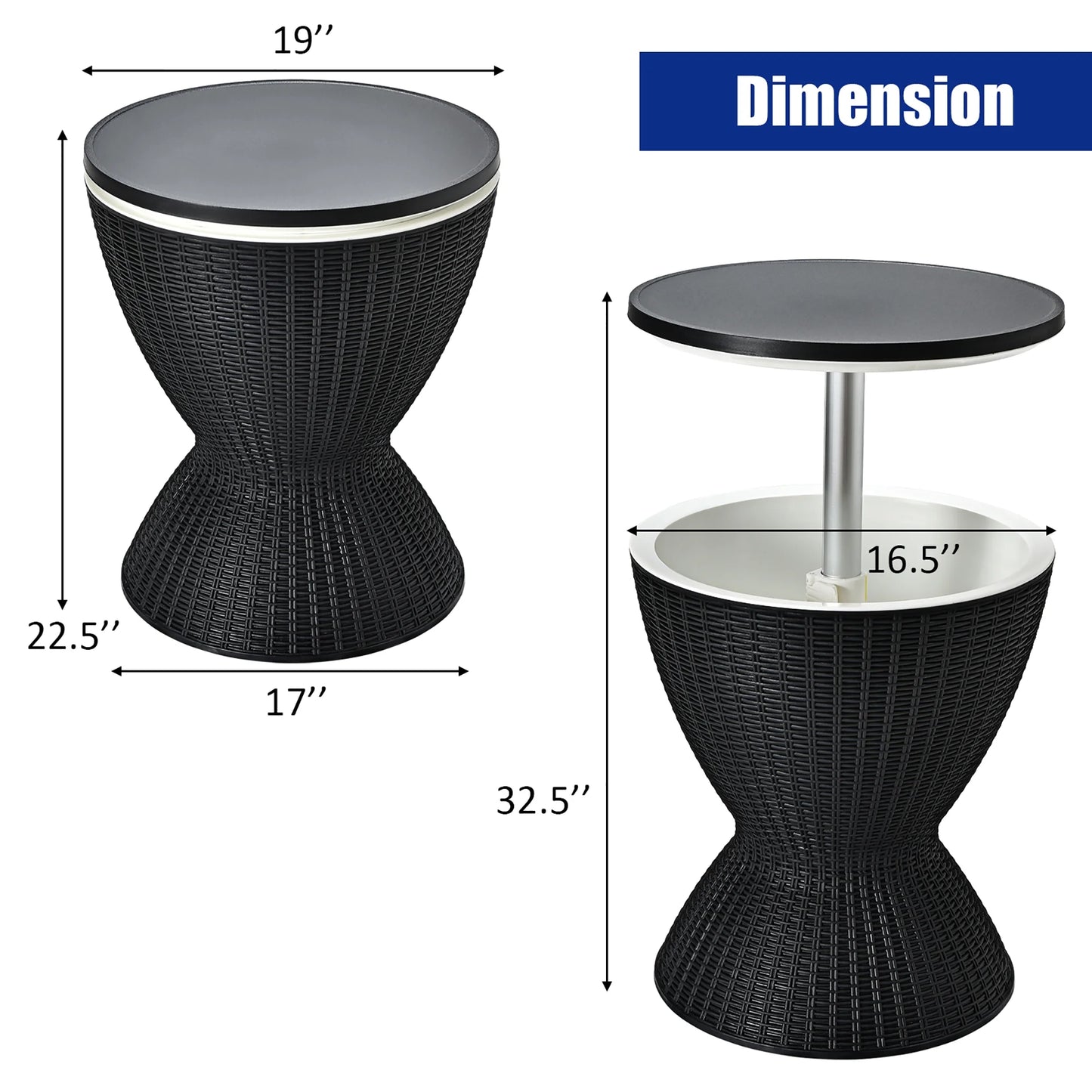 8 Gallon 3 in 1 Patio Rattan Cooler Bar Table Adjust Ice Bucket Black