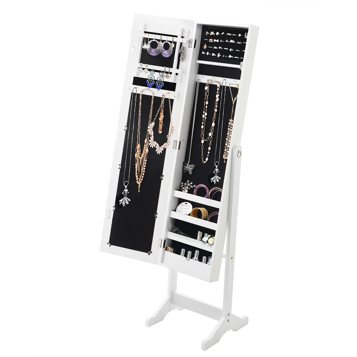 Mirrored Jewelry Cabinet Mirror Organizer Storage Ring Stand
