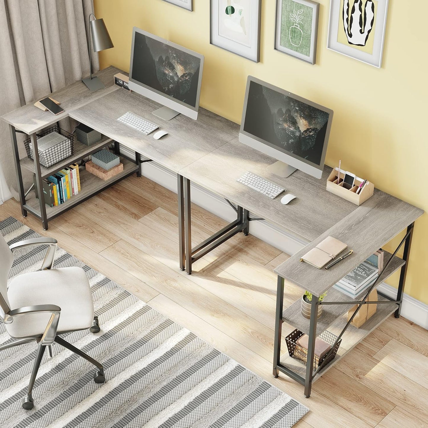 Small L Shaped Desk with Shelves 47 Inch Reversible Corner Computer Desk Writing Gaming Storage Table for Home Office Small Space, Gray Oak