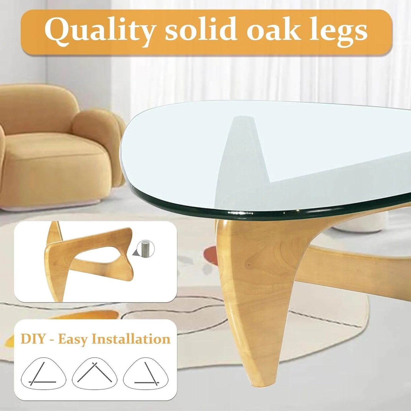 Coffee Tables for Living Room - Triangle Glass Coffee Table with Wooden Base Mid-Century Modern Abstract End Table for Study Room Office Hotel Balcony (Wood Transparent, Small 32.2 * 22.4 * 16In)