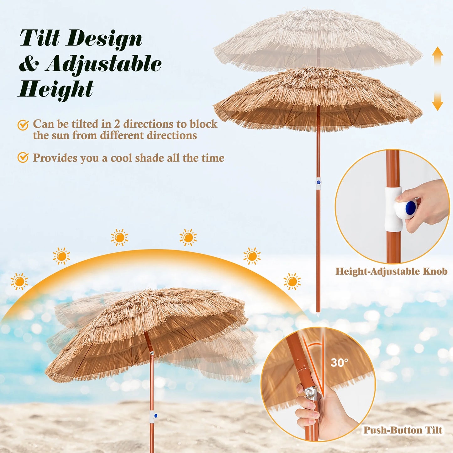 Patio 6FT Tropical Thatched Tiki Beach Umbrella Portable Outdoor Market Tilt