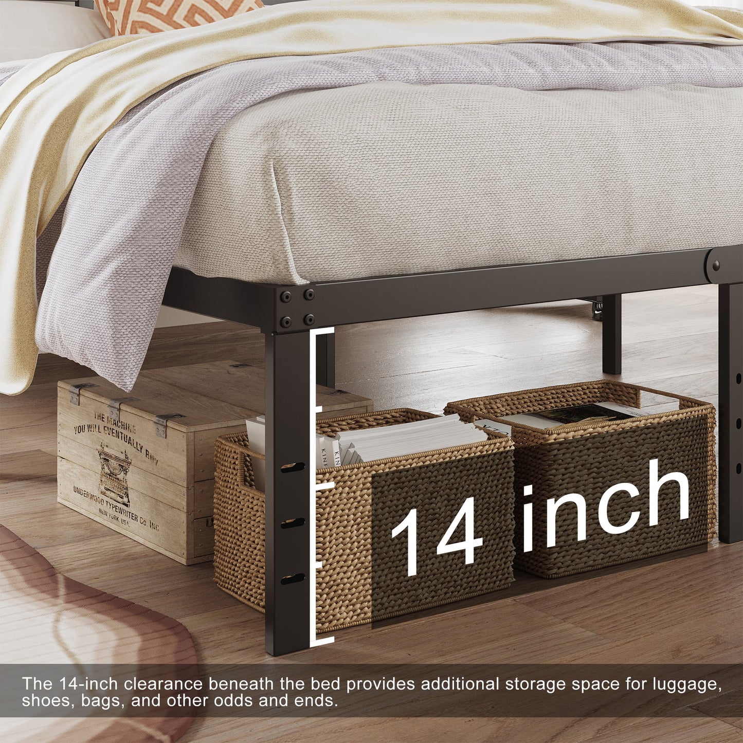 16 Inch King Size Bed Frame with Headboard, 16 Inch Metal Platform No Box Spring Needed Heavy Duty Steel Slat Mattress Foundation/Easy Assembly/Noise Free/Black