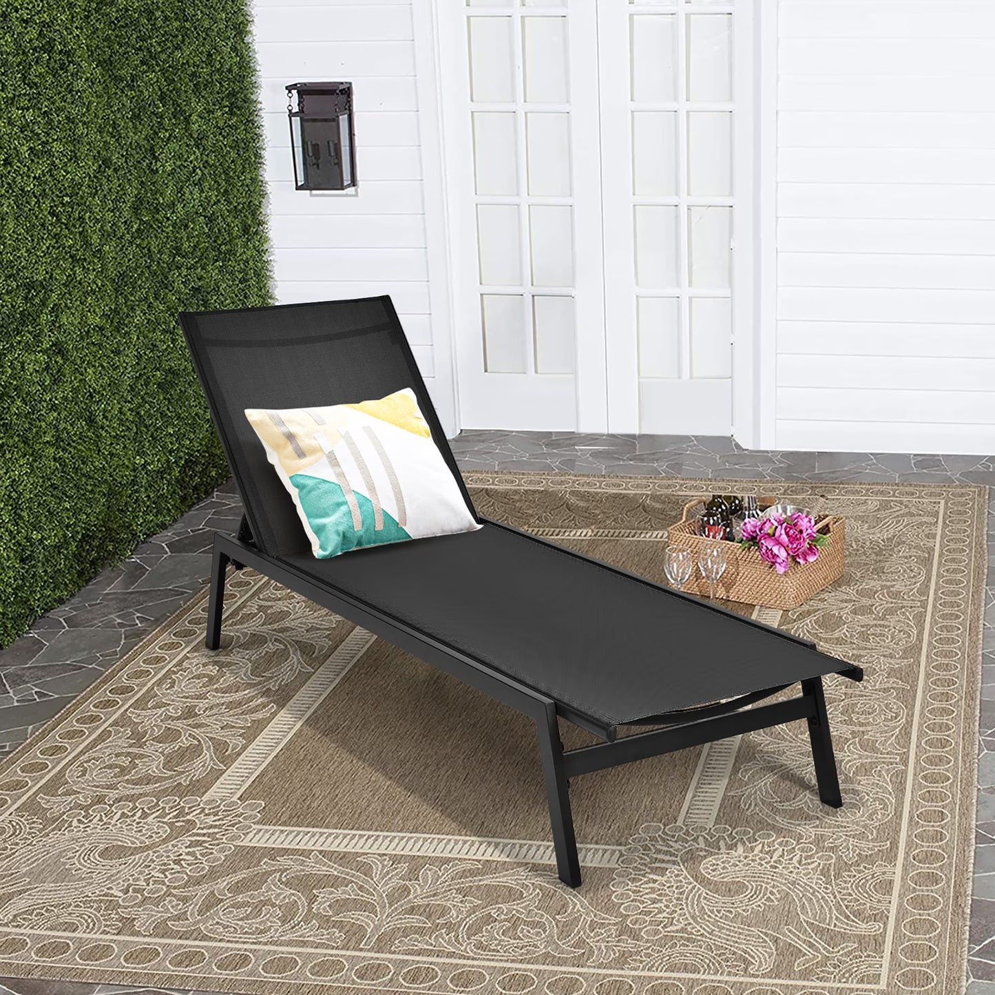 Patio Lounge Chair Chaise Recliner Back Adjustable Garden Deck Black