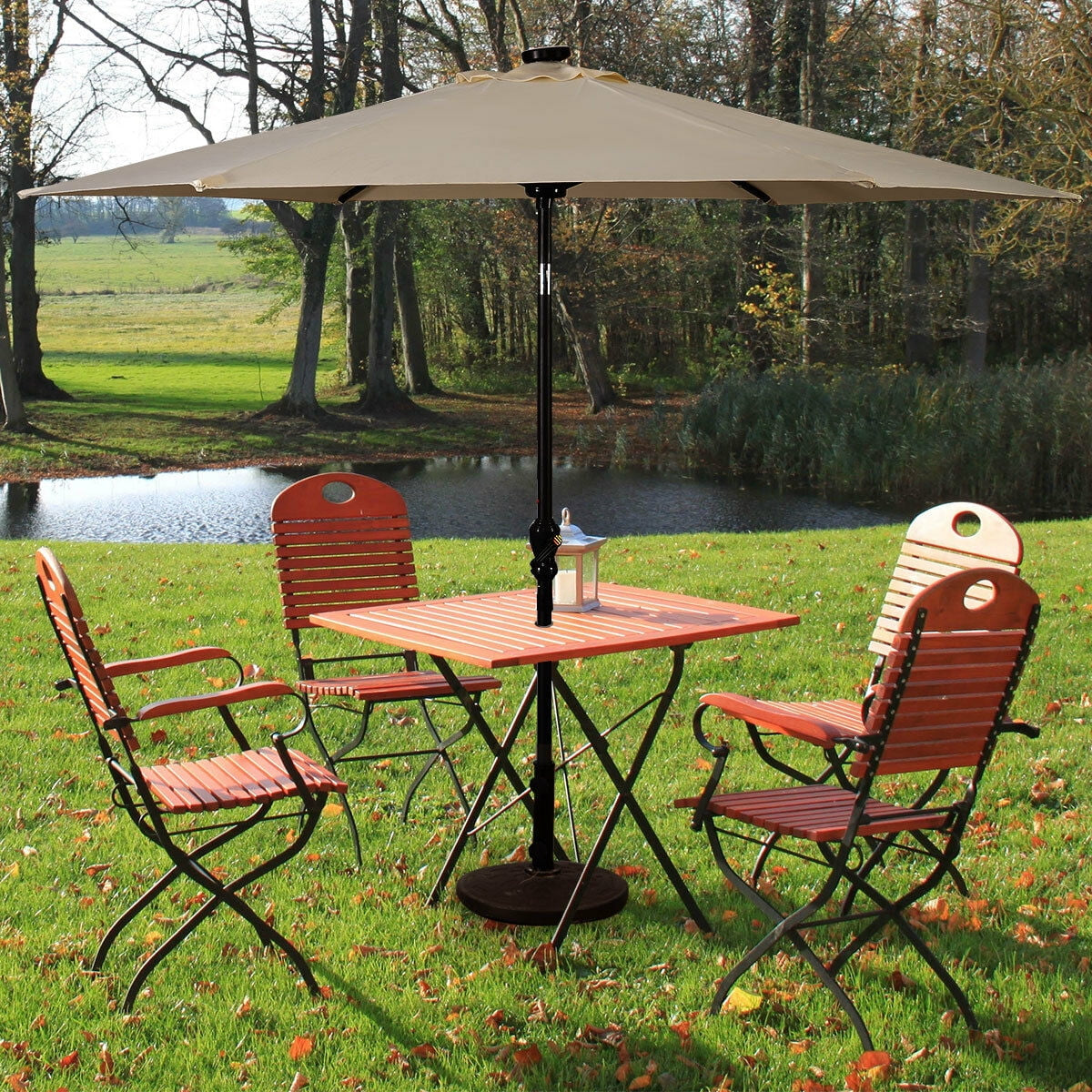 9FT Patio Solar Umbrella LED Patio Market Steel Tilt W/ Crank Outdoor