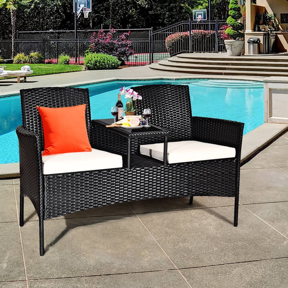 Patio Rattan Conversation Set Seat Sofa Cushioned Loveseat Glass Table Chairs
