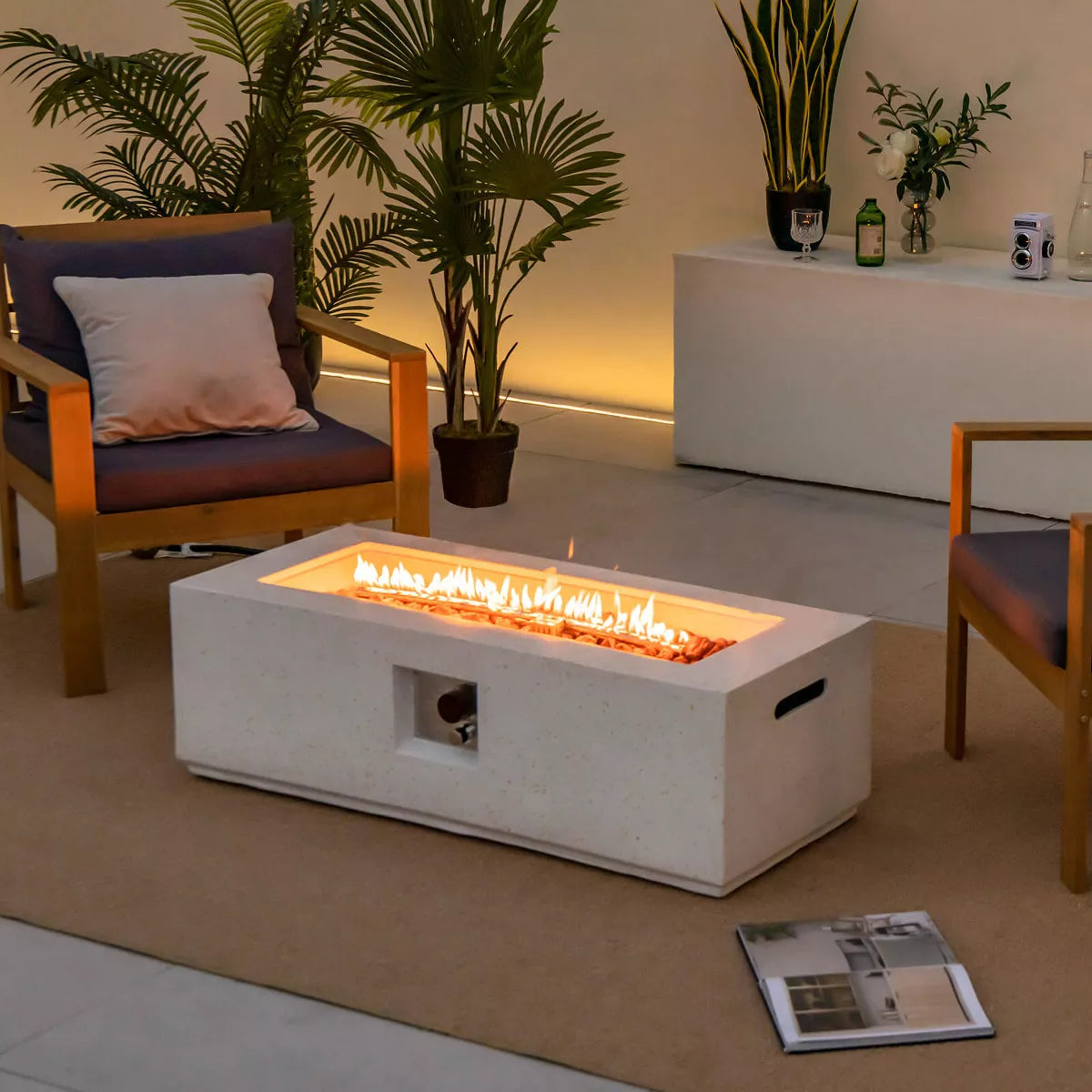 Costway 42'' Terrazzo Fire Pit Table 50,000 BTU Rectangle Propane Fire Pit with PVC Cover