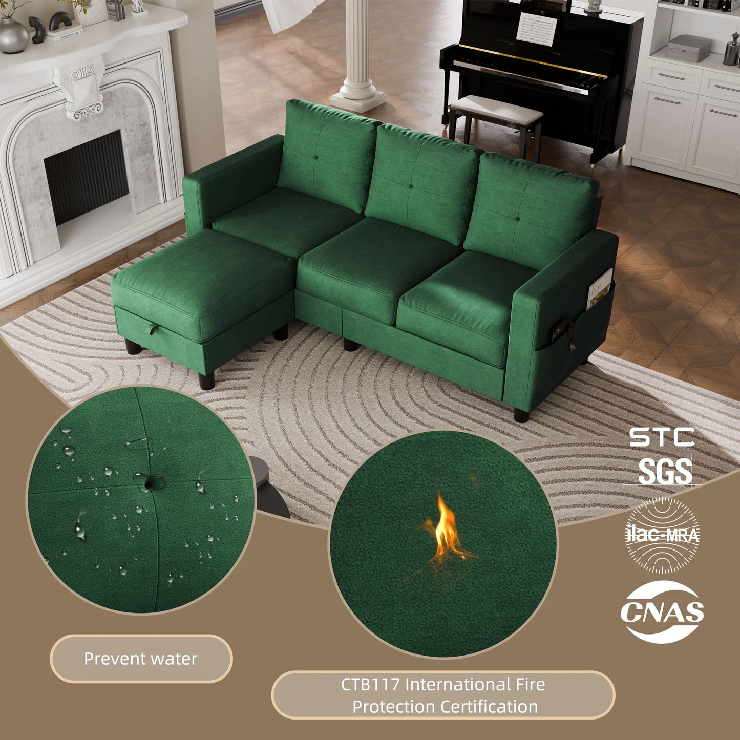Convertible Sectional Sofa Couch, Modern Linen Fabric L-Shaped 3-Seat Sofa Sectional with Reversible Chaise for Small Space (Green)
