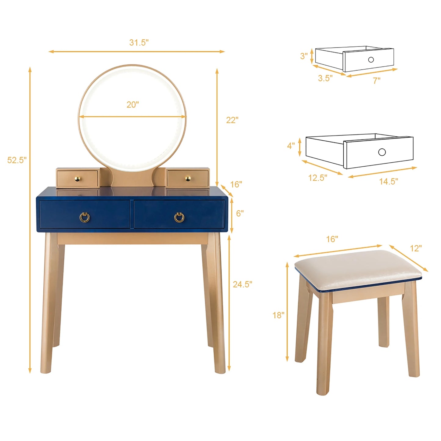 Vanity Makeup Table Touch Screen 3 Lighting Modes Dressing Table Set Navy Blue