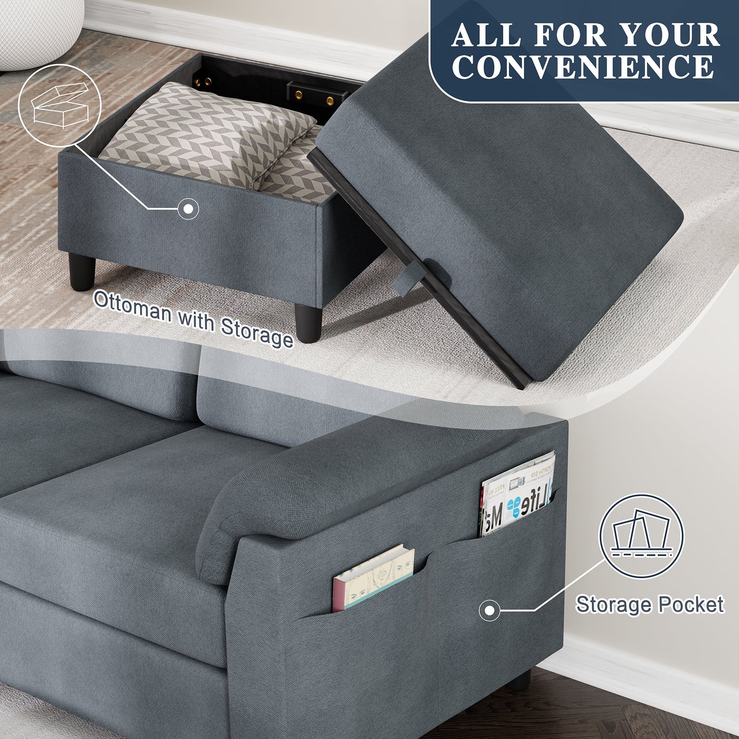 79.1" Sectional Sofa with Movable Storage Ottoman, L-Shaped Convertible Sofa Couch for Small Living Room, Dark Gray