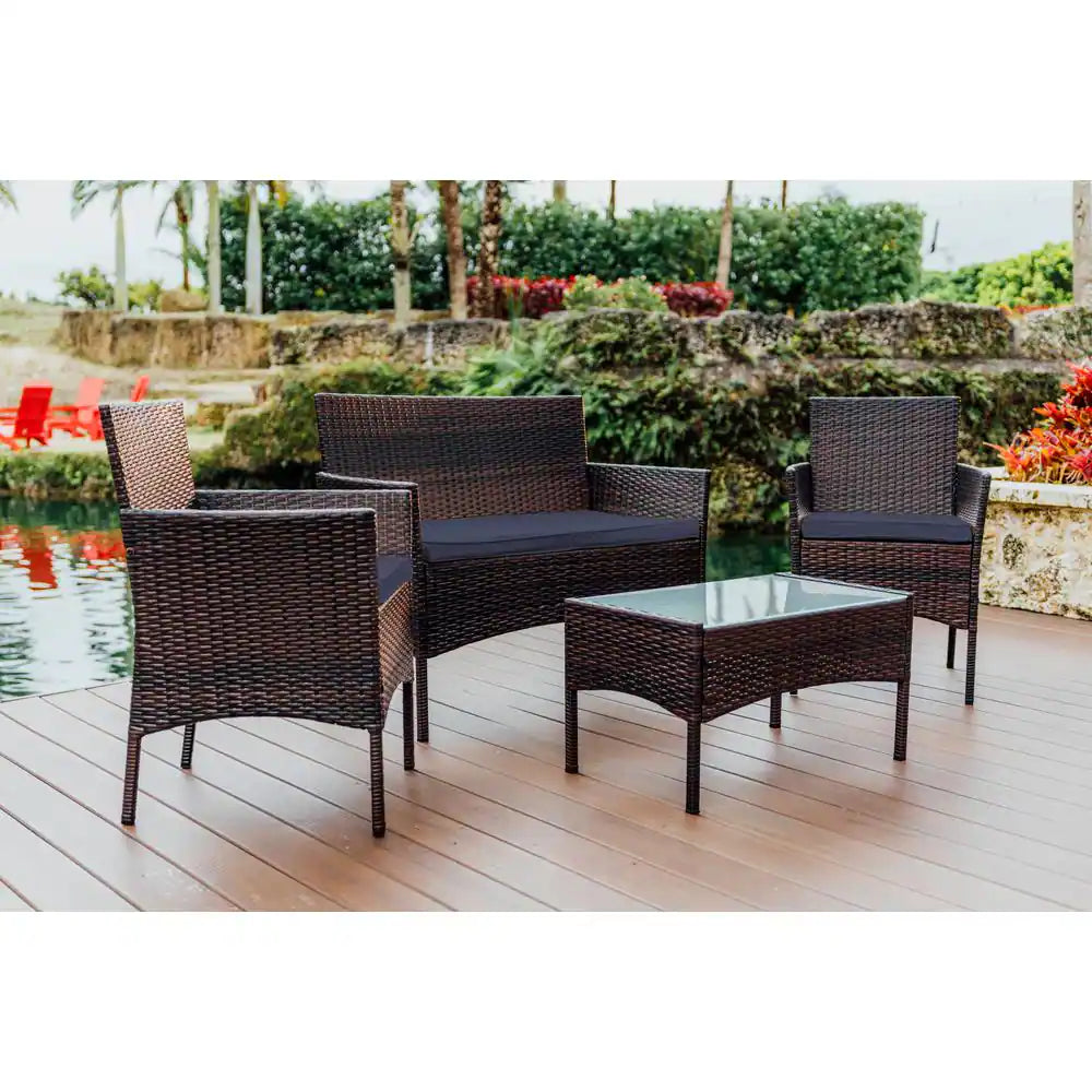 4-Piece Brown Patio Outdoor Furniture Wicker Conversation Set with Blue Cushions, 1-Loveseat, 2-Chairs and Coffee Table