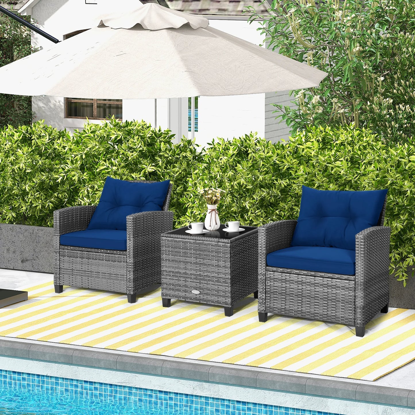 3PCS Patio Rattan Furniture Bistro Set Cushioned Sofas Side Table Armrest Navy