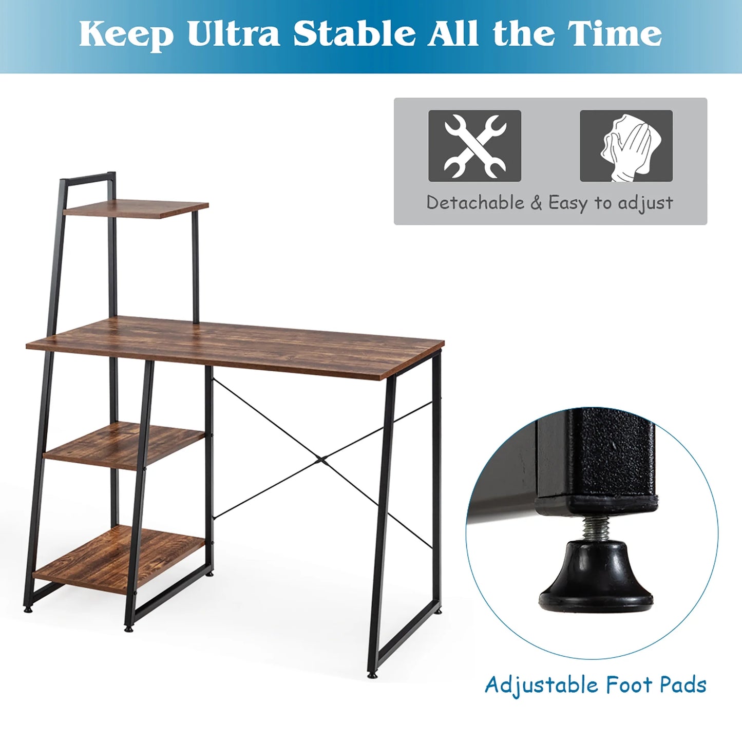 Modern Computer Desk with 3-Tier Storage Shelf CPU Stand Metal Frame for Bedroom