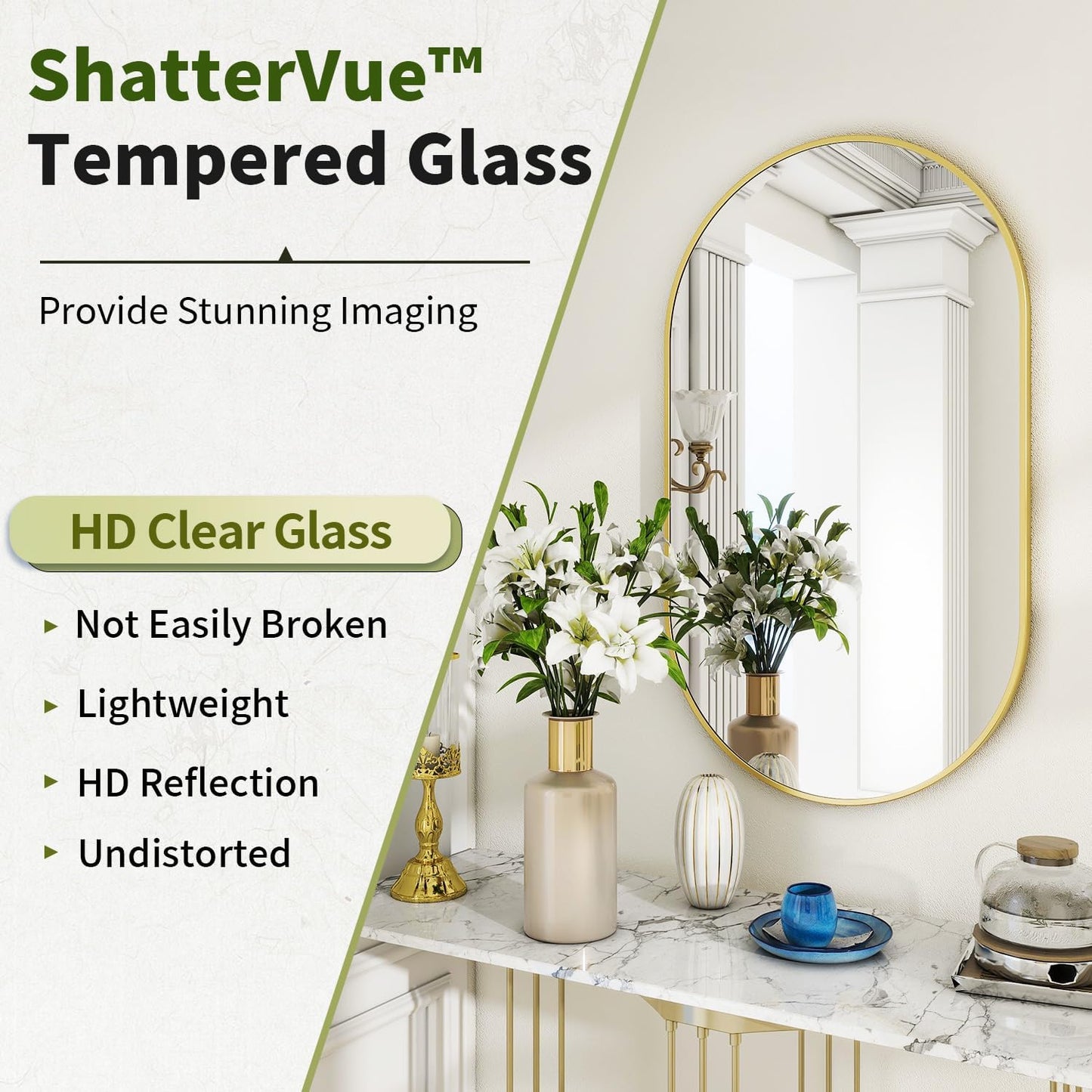 Wall Mounted Mirror, 17"X30" Oval Bathroom Mirror with Metal Frame, Vertical & Horizontal Hang, Ideal for Bedroom, Entryway, Living Room, Gold