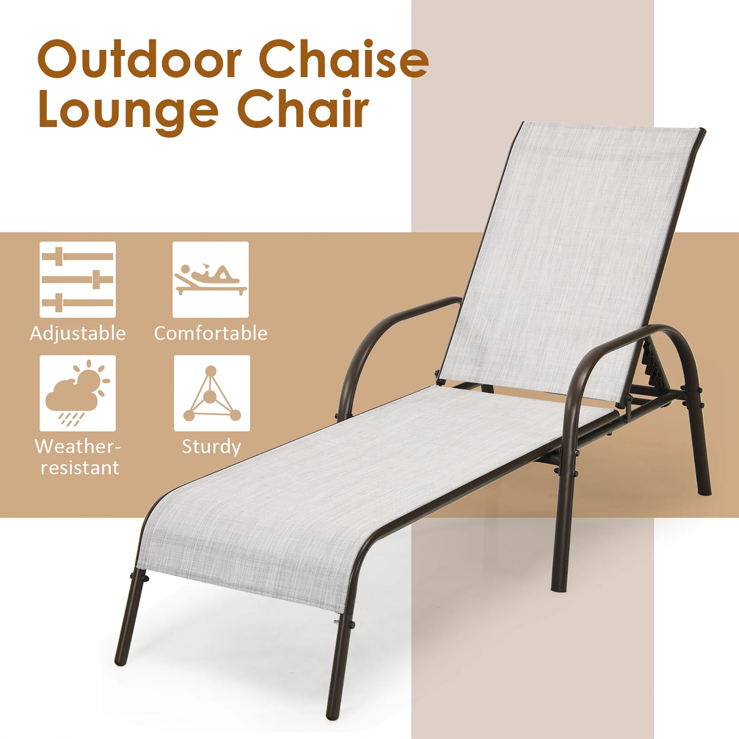 2PCS Patio Lounge Chair Chaise Adjustable Reclining Armrest Gray