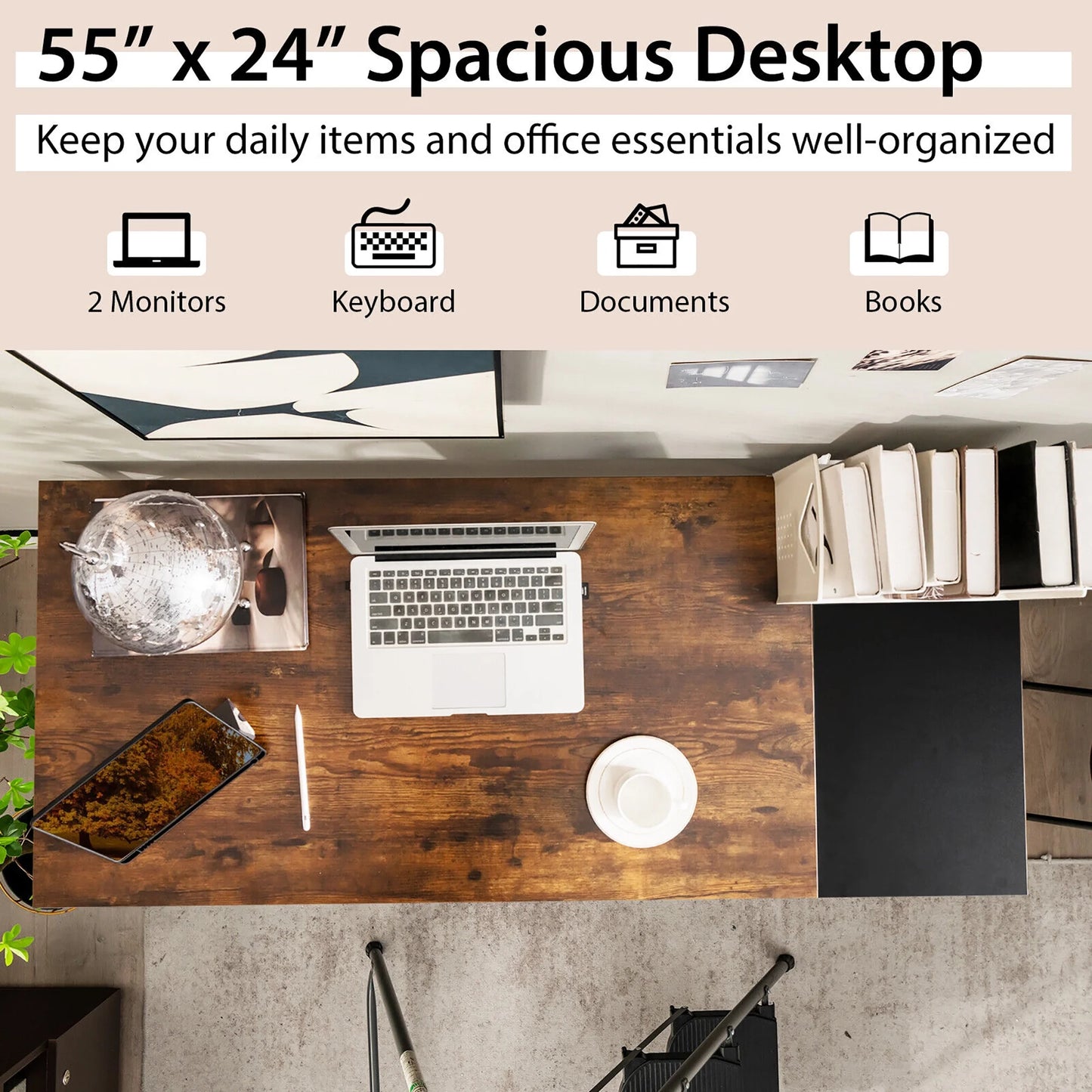 55'' Computer Desk Writing Workstation Study Table Home Office with Bookshelf Rustic
