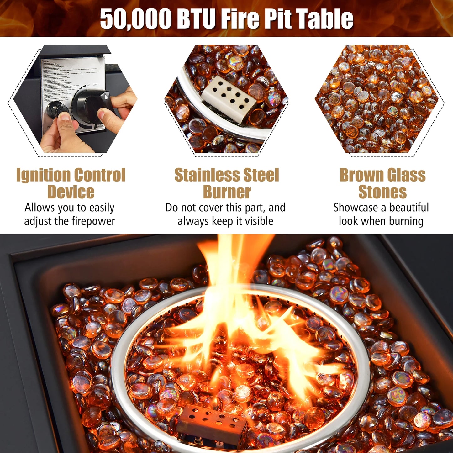 32'' Square Propane Gas Fire Pit Table with Glass Stones Rain Cover 50,000 BTU